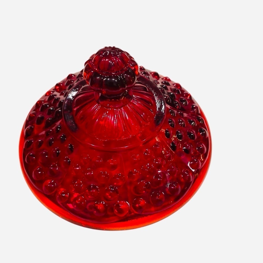 Fenton Cadmium Glow
Hobnail Ruby/Amberina
Lidded Candy Dish Scalloped
Edge 6.5" - Picture 6 of 13
